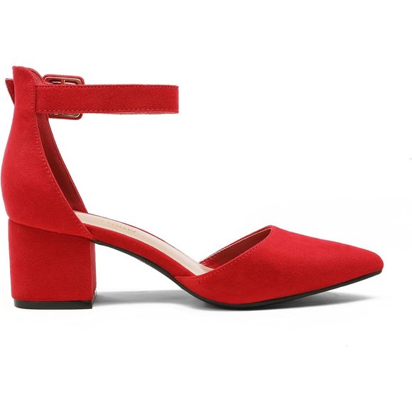 Pointed Toe Low Chunky Red Heels Pump Shoes anti-slip outsole Adjustable Buckle - Picture 5 of 9